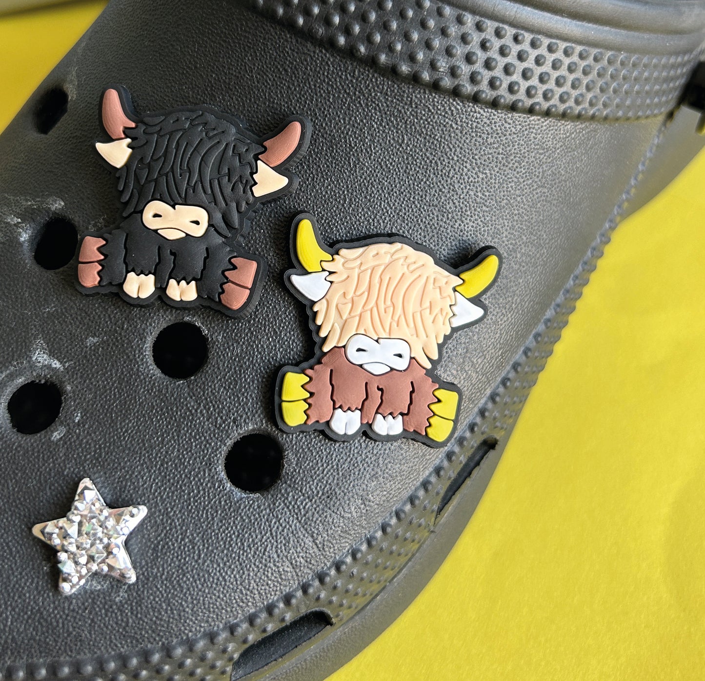 Two highland cows, one black one brown. Croc shoe charm gibbets.