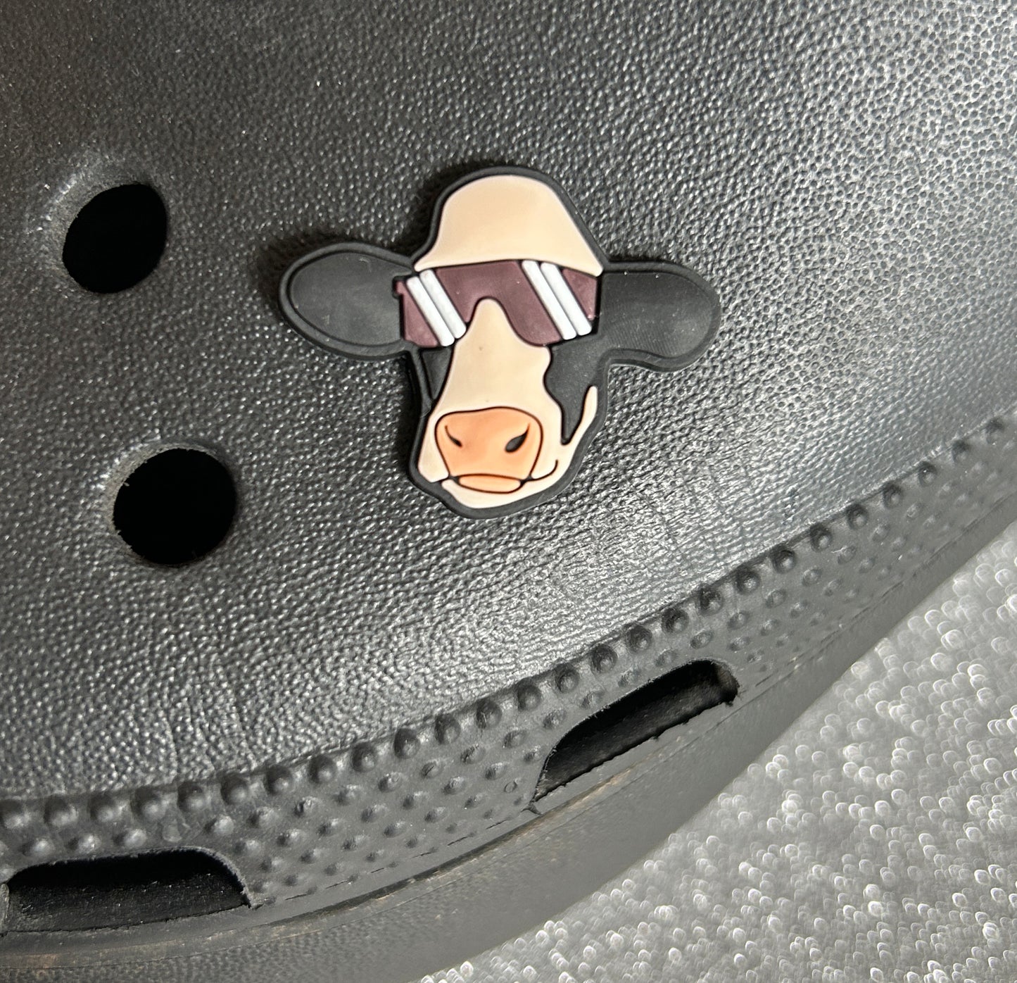 Cow in sunglasses croc shoe charm.