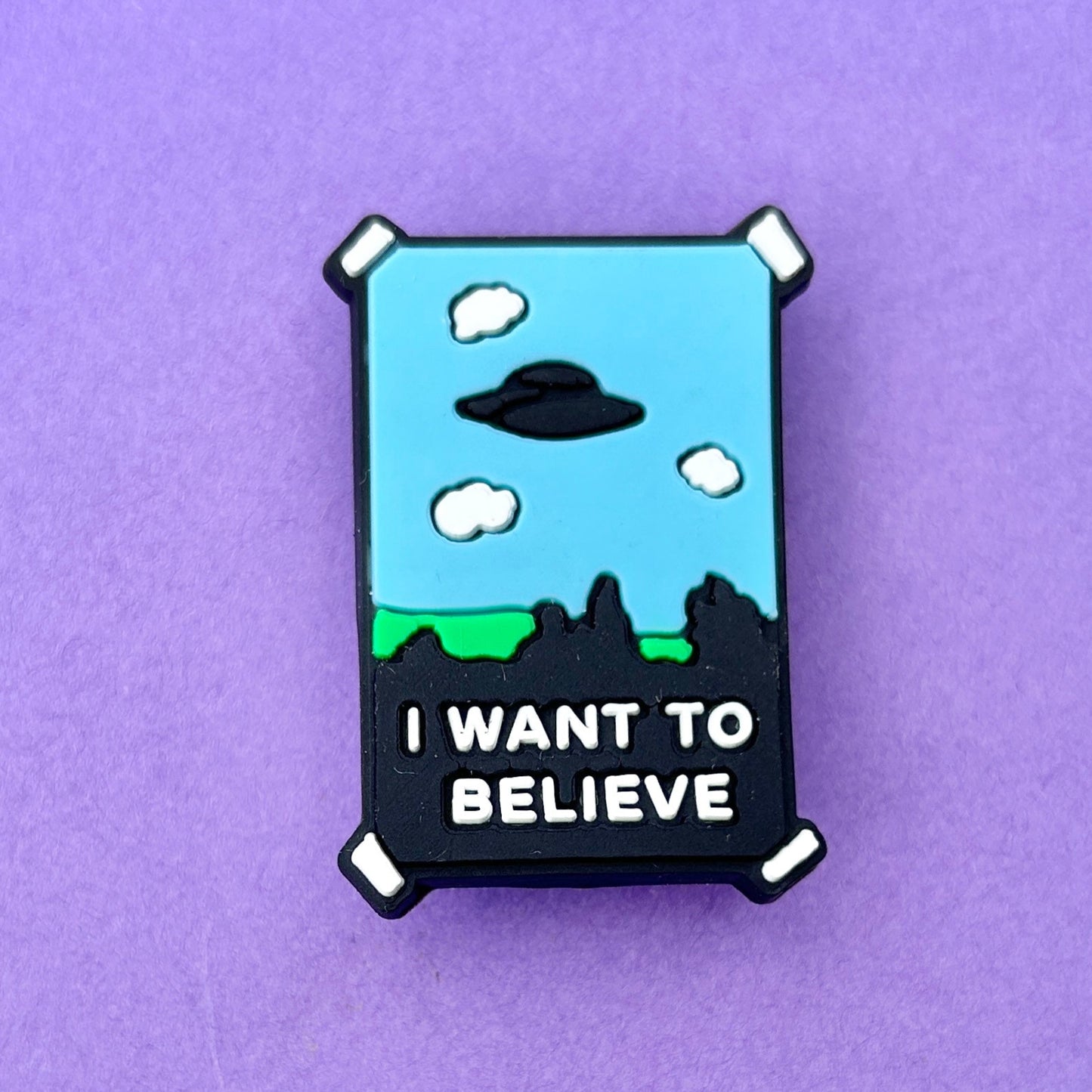 I Want to Believe UFO PVC shoe charm waterproof clog accessory.