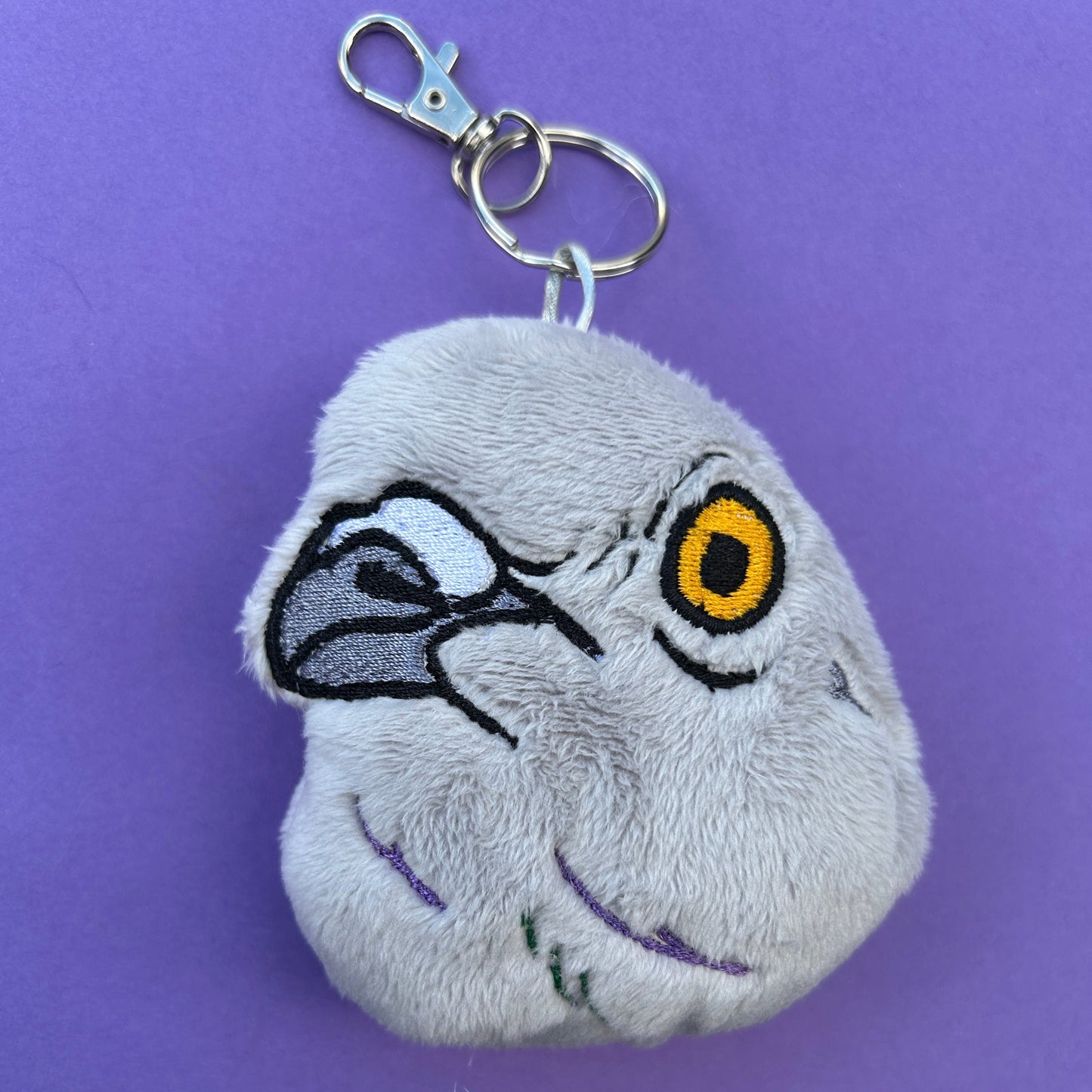 Handmade pigeon plush keyring with soft minky fabric