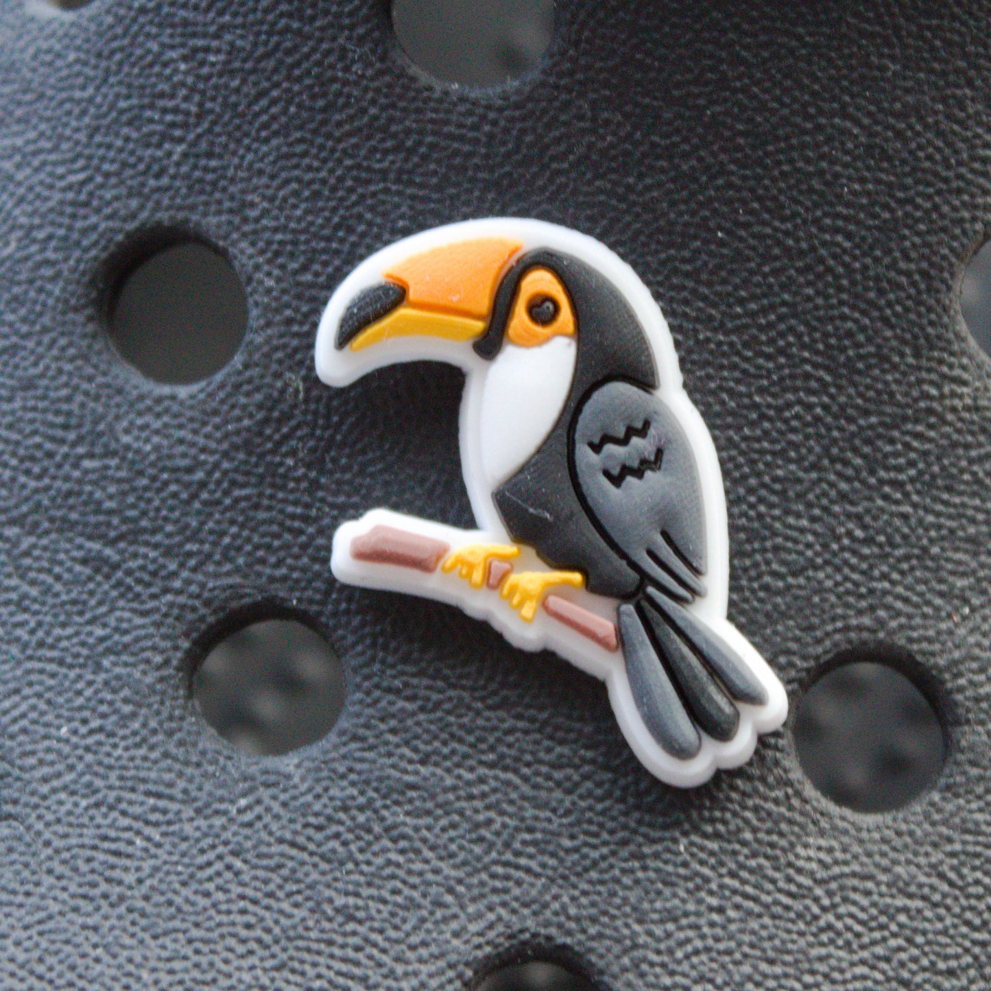 Toucan Bird croc like shoe charm. Shown on a black croc shoe.