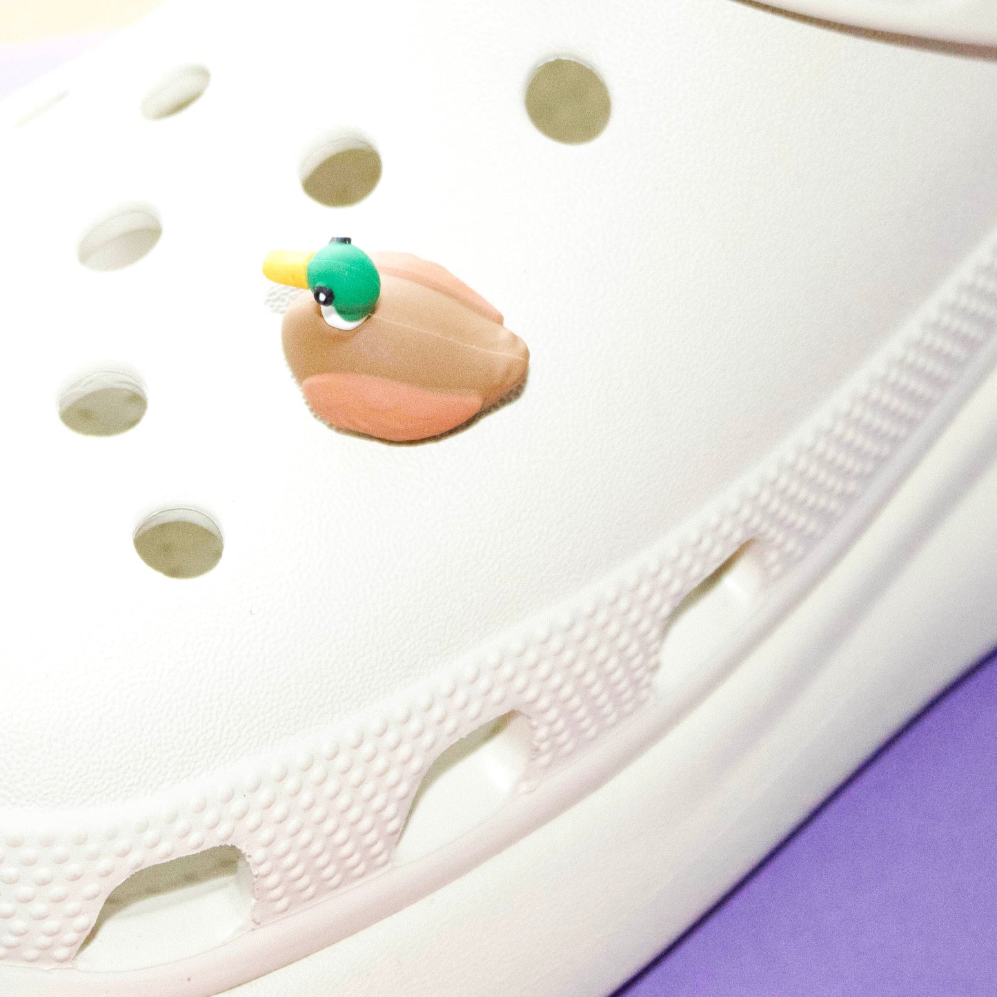 Brown and Green Duck/Mallard 3D, croc like shoe charm. Modelled on a cream croc shoe.