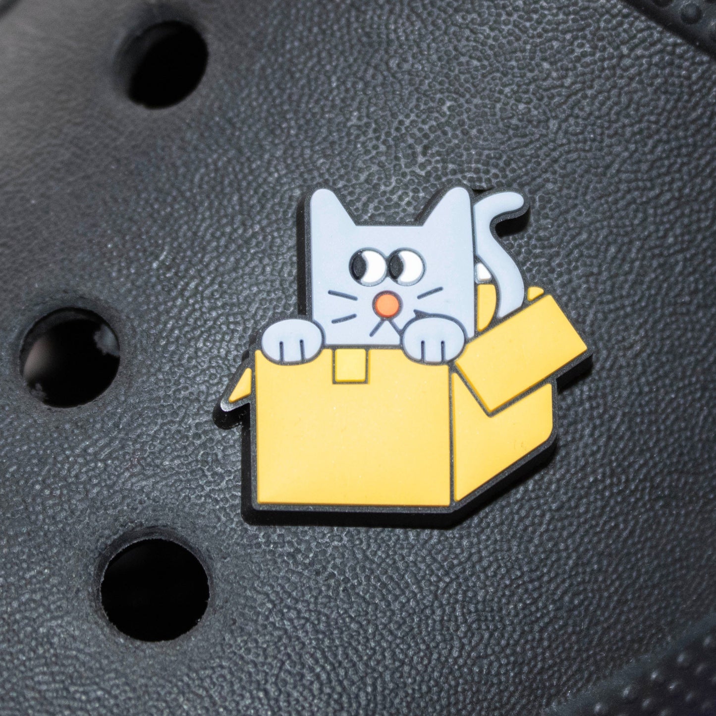 Grey cat in a yellow box croc like shoe charm. Cat looks shifty. Modelled on a black croc shoe.