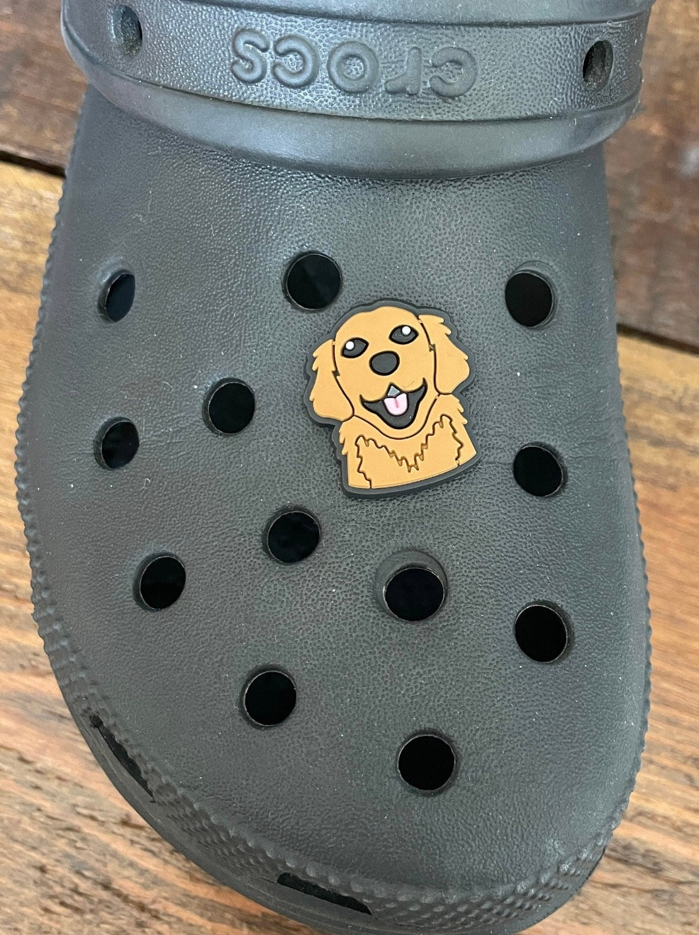 Golden Retriever Dog Shoe Charm on a croc shoe.
