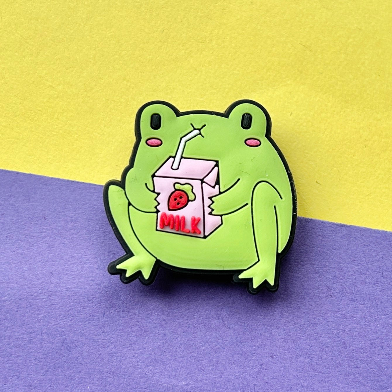 Cute green Frog drinking strawberry milk shoe charm for crocs.