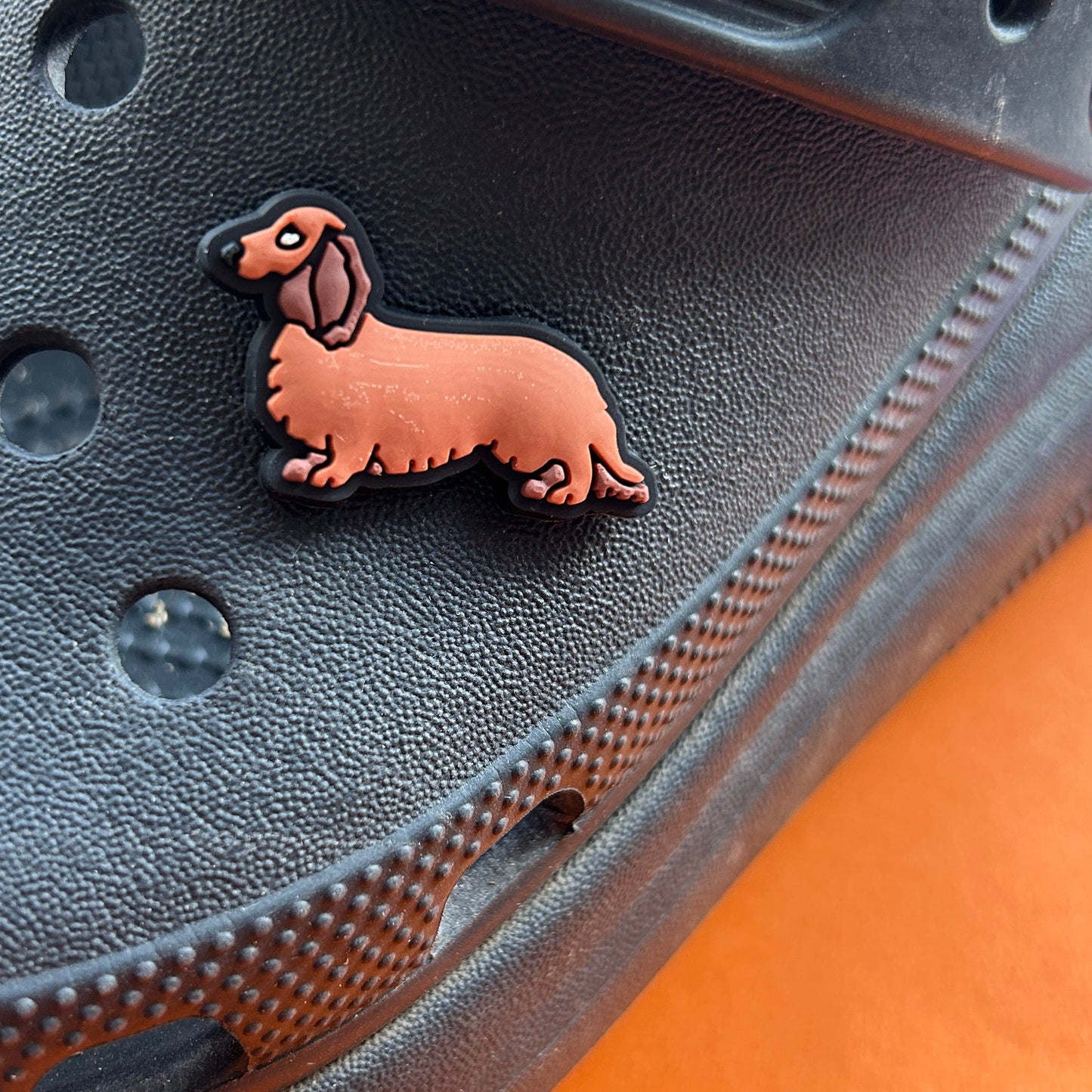 Long Haired Ginger Dachshund croc like shoe charm. Modelled on a black croc shoe.