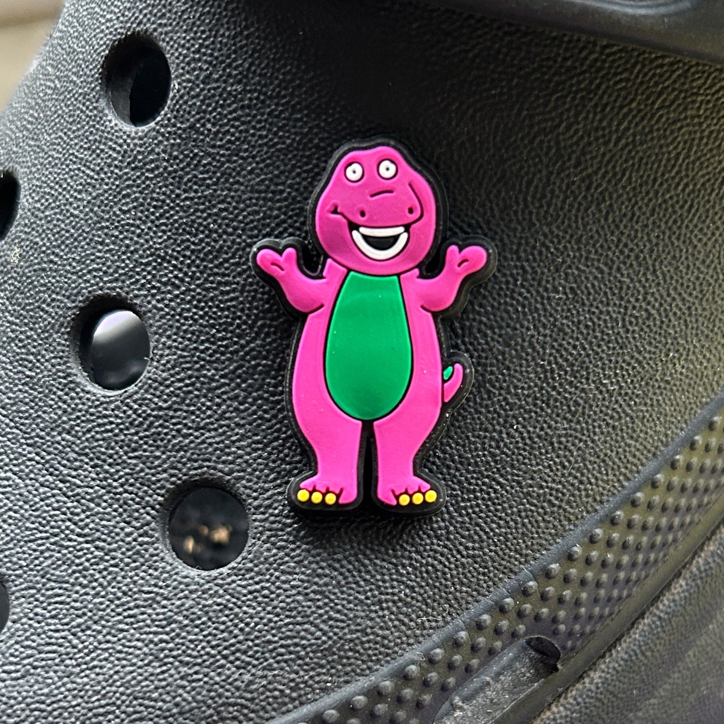 Famous American Purple Dinosaur croc like shoe charm. Modelled on a black croc charm.