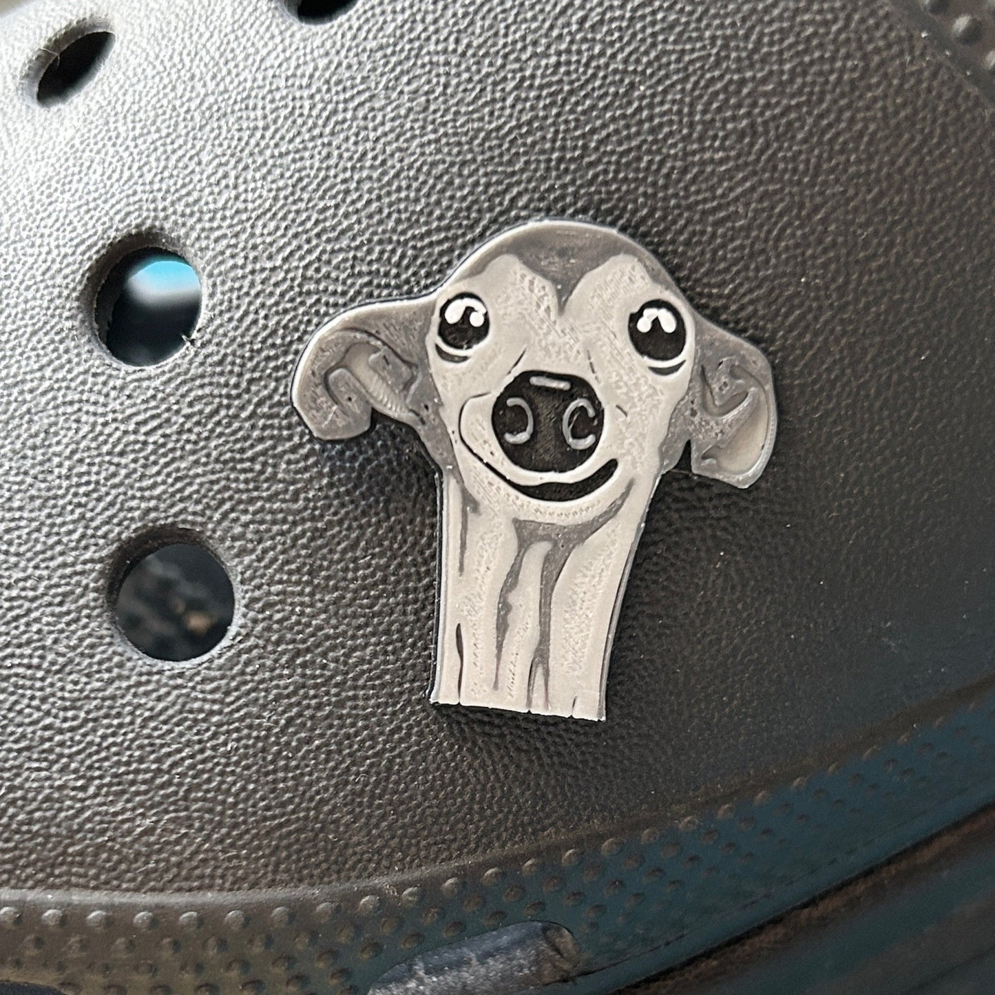 Handmade 3D Printed Italian Greyhound Dog croc like shoe charm. Grey. Modelled on a black croc shoe.