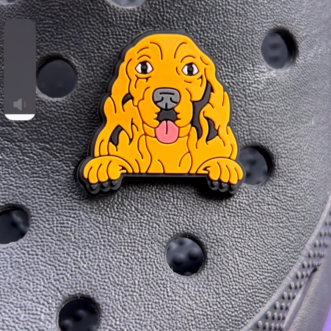 Cocker Spaniel Dog Face croc like shoe charm. Shoes on a black croc shoe.