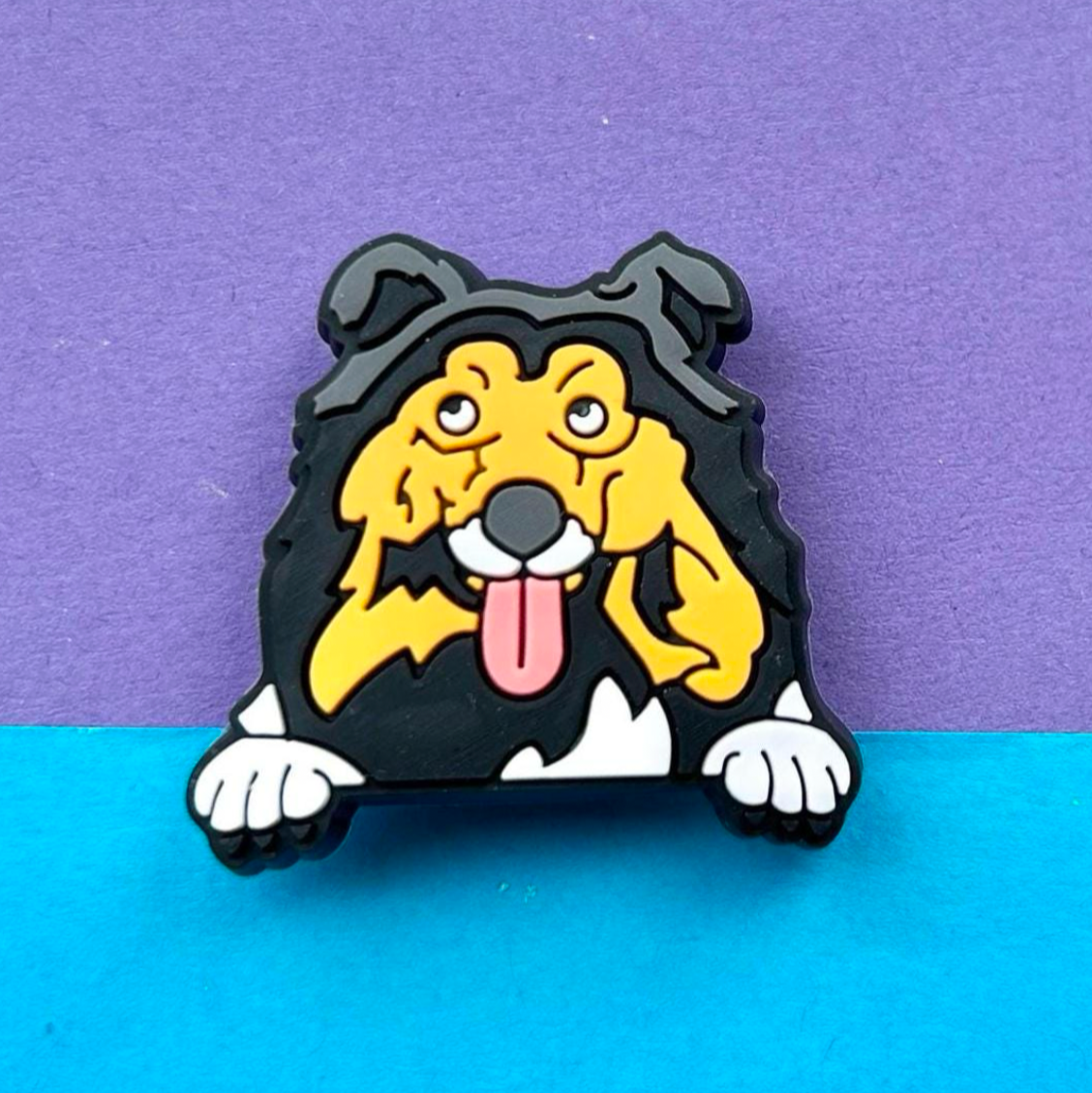 Collie Dog croc like shoe charm. Black, tan and White.