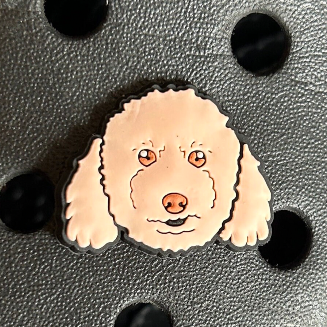 Cream poodle dog croc like shoe charm. Shown on a black croc shoe.