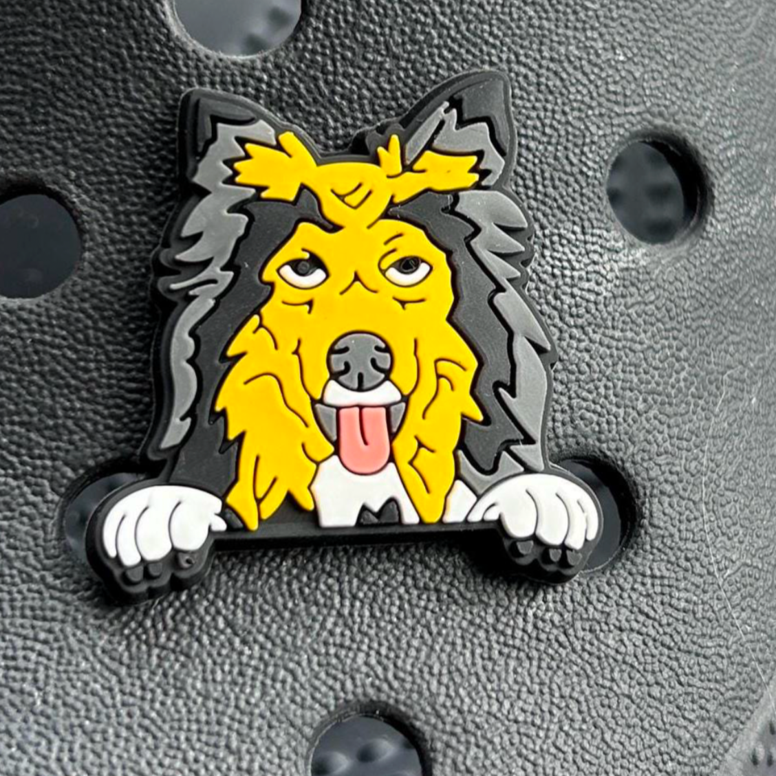 Shetland Sheepdog - Shelty croc like shoe charm. Shown on a black croc shoe.