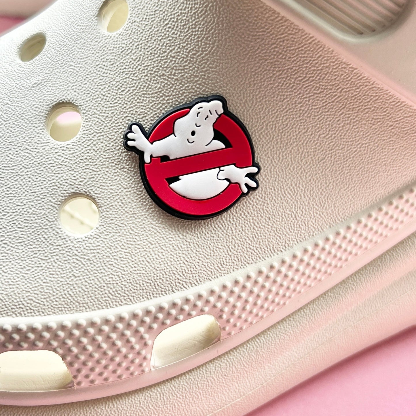 Retro Ghost croc like shoe charm. Shown on a cream croc shoe.