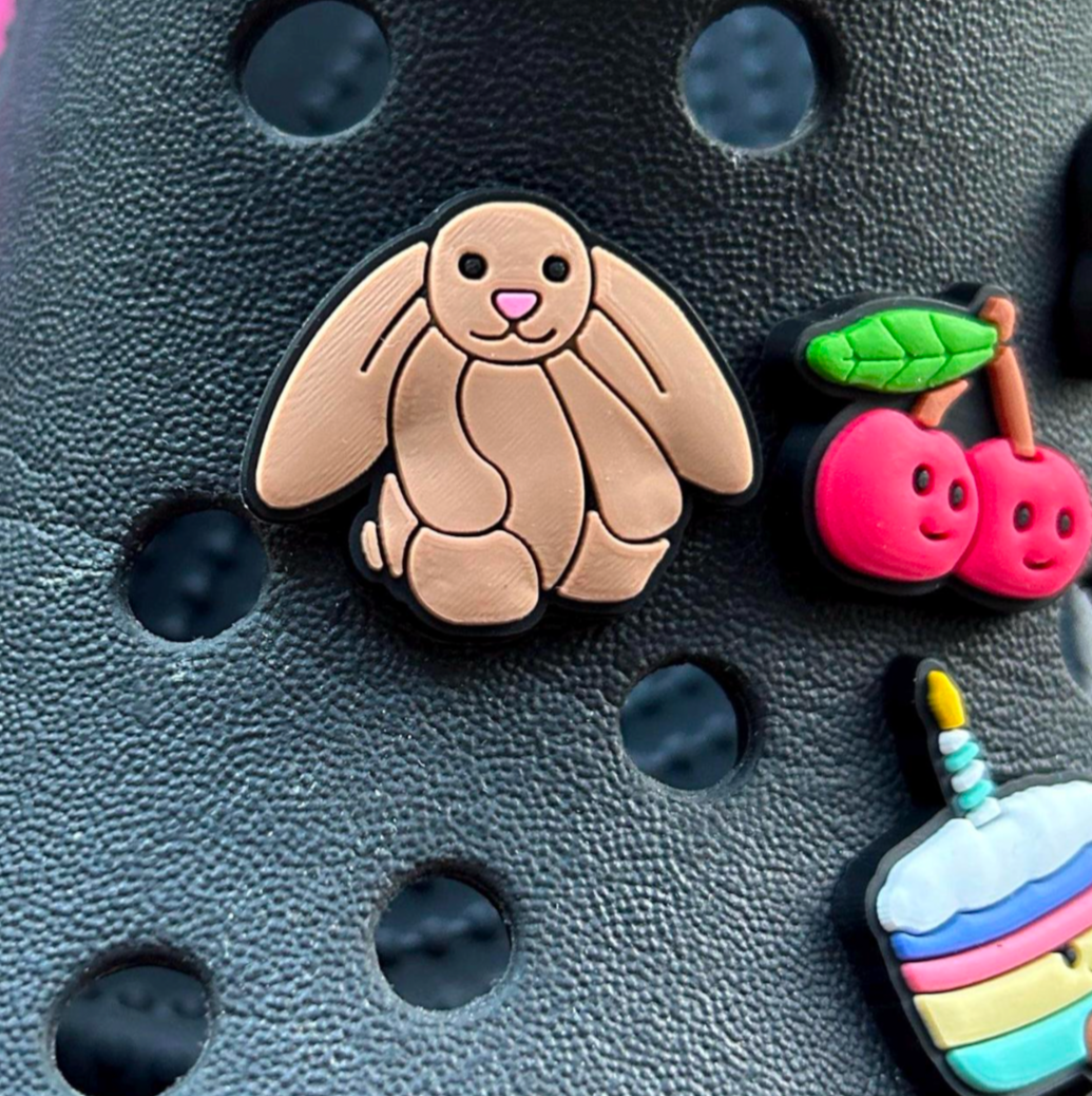 Long Ear Rabbit croc like shoe charm. Shown on a black croc shoe.