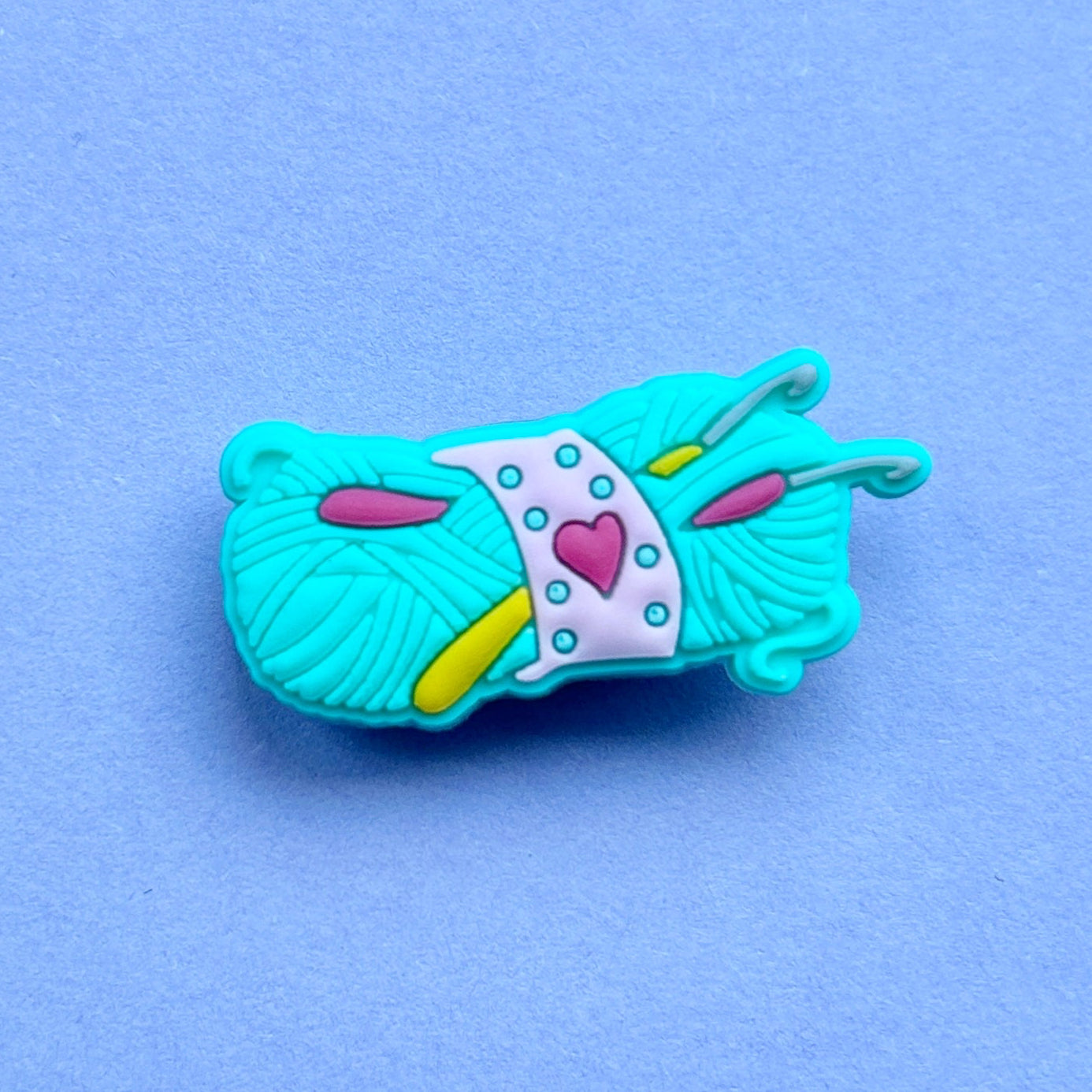 Mint Green ball of wool croc like shoe charm, with crochet hooks.