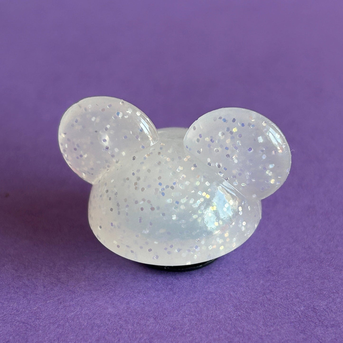 3D Glitter mouse ears croc charm. White Glitter.