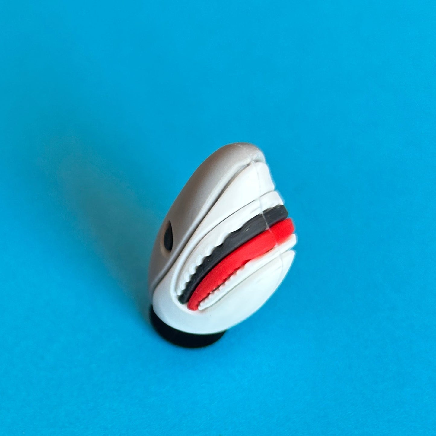 Great white shark 3D rubber croc charm. Front View of mouth.