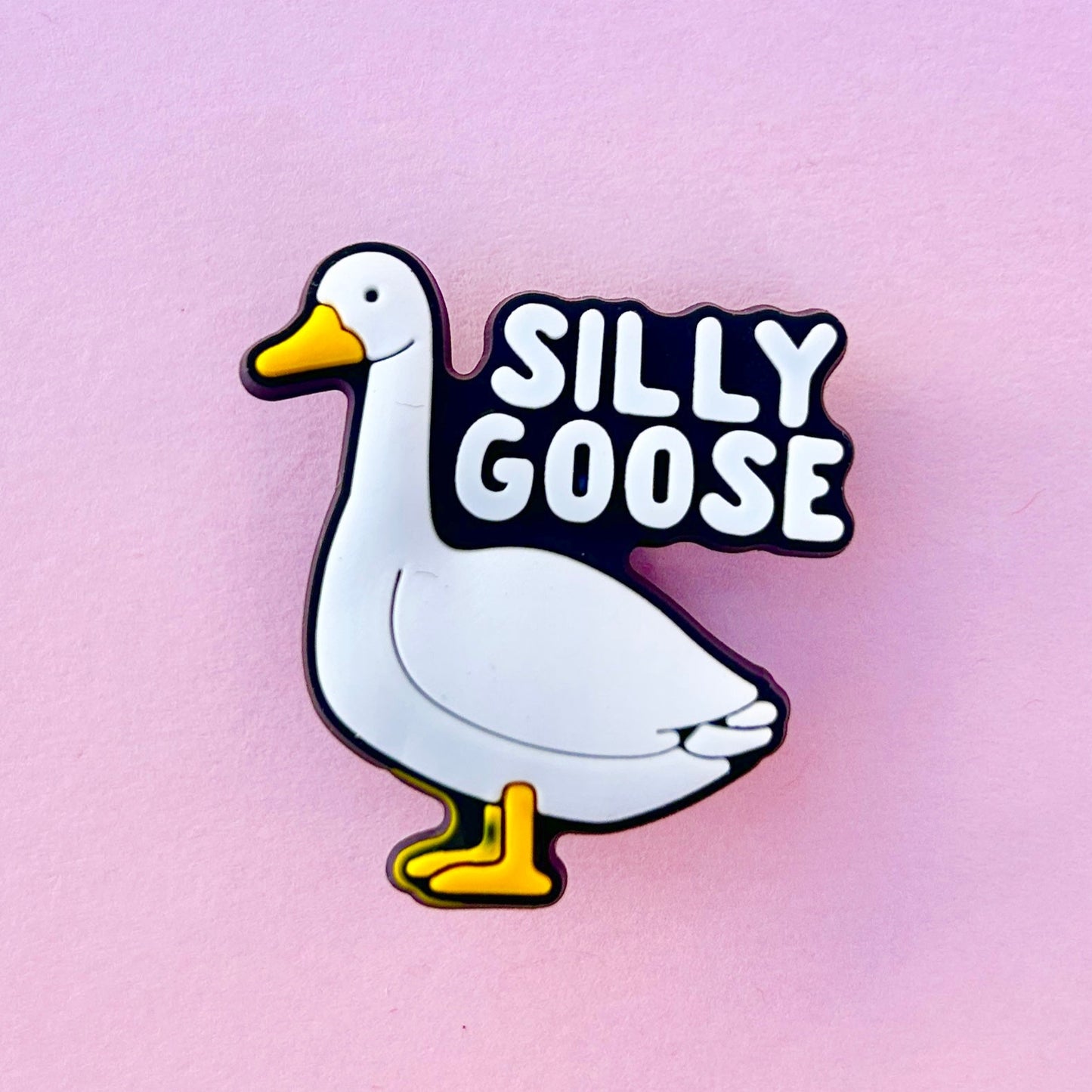 White Goose croc like shoe charm with the words Silly Goose.