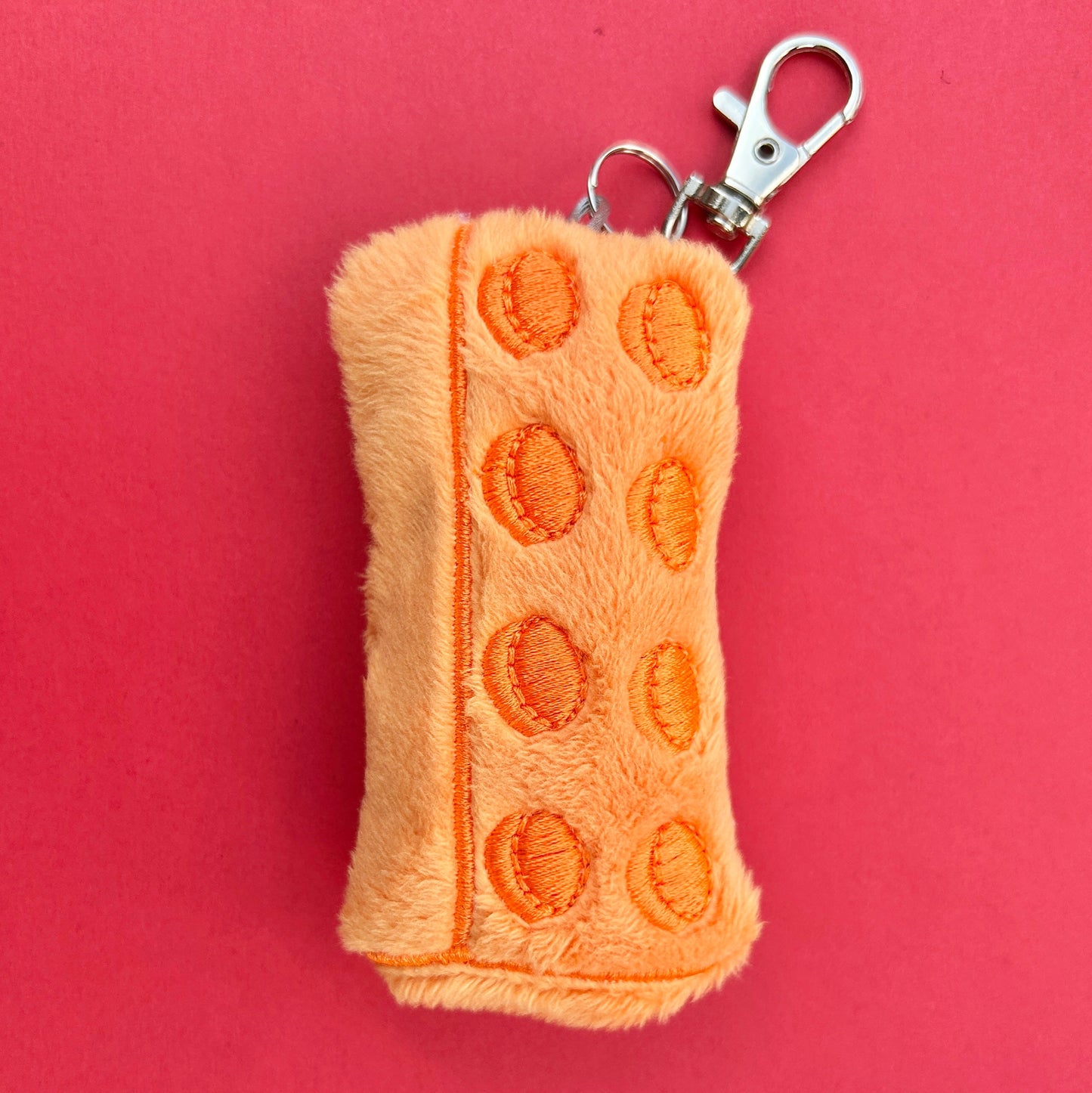Soft plush brick keychain handmade accessory. Orange.