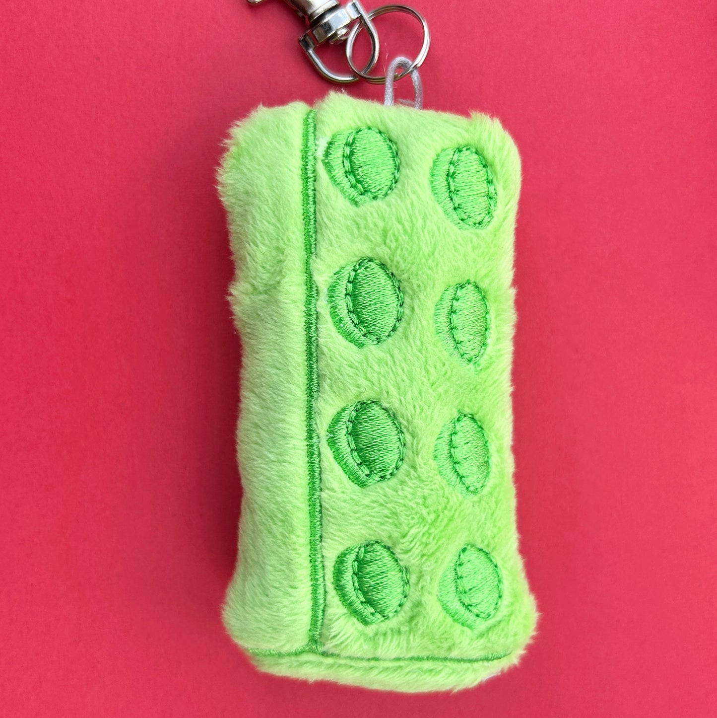 Soft plush brick keychain handmade accessory. Green.