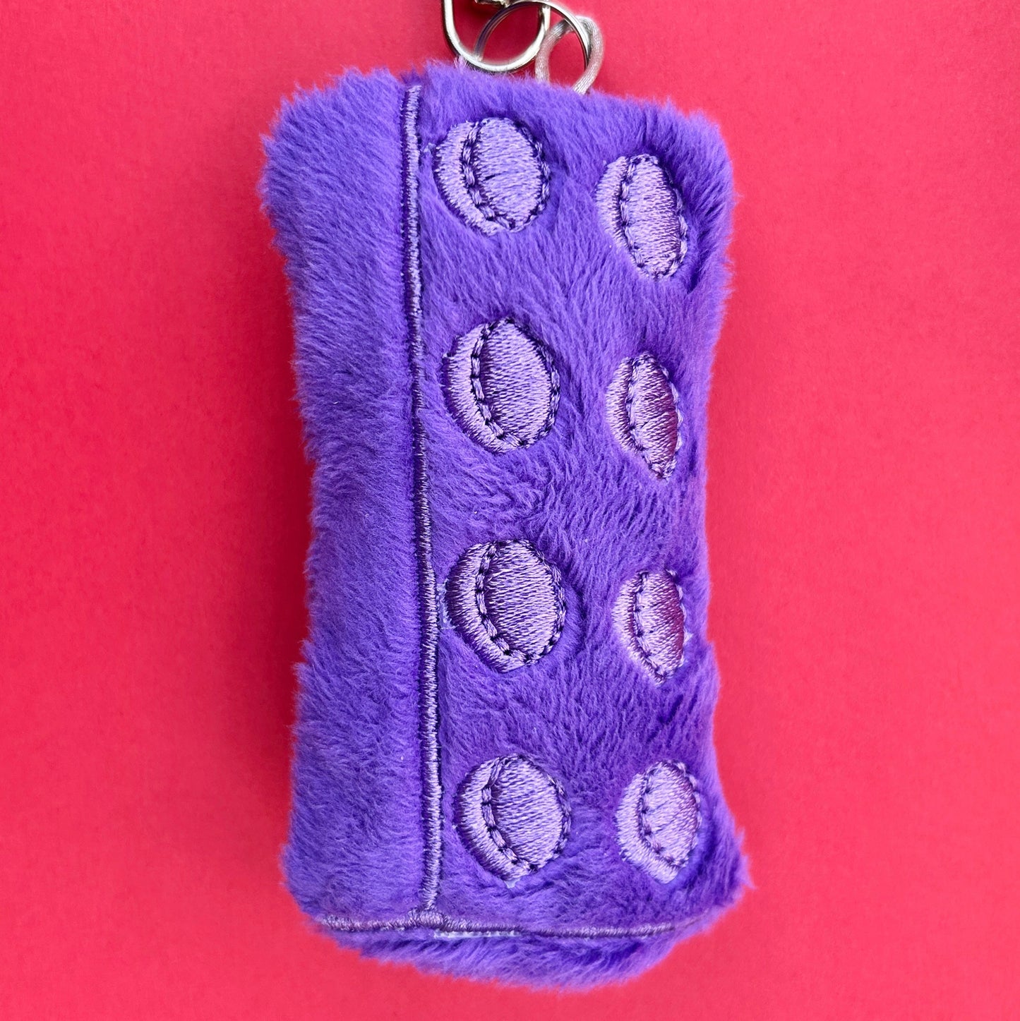 Soft plush brick keychain handmade accessory. Purple.