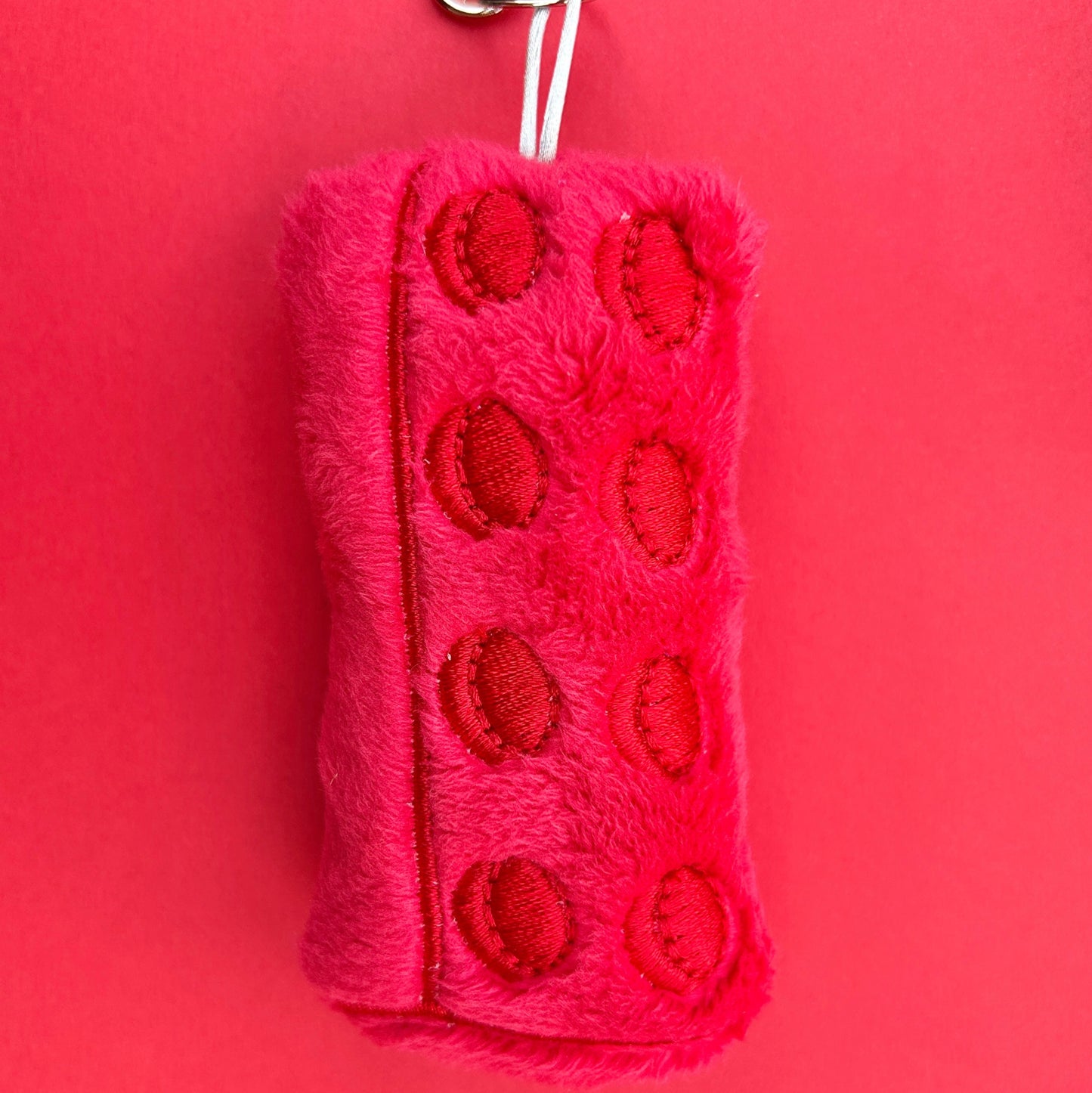 Soft plush brick keychain handmade accessory. Red.