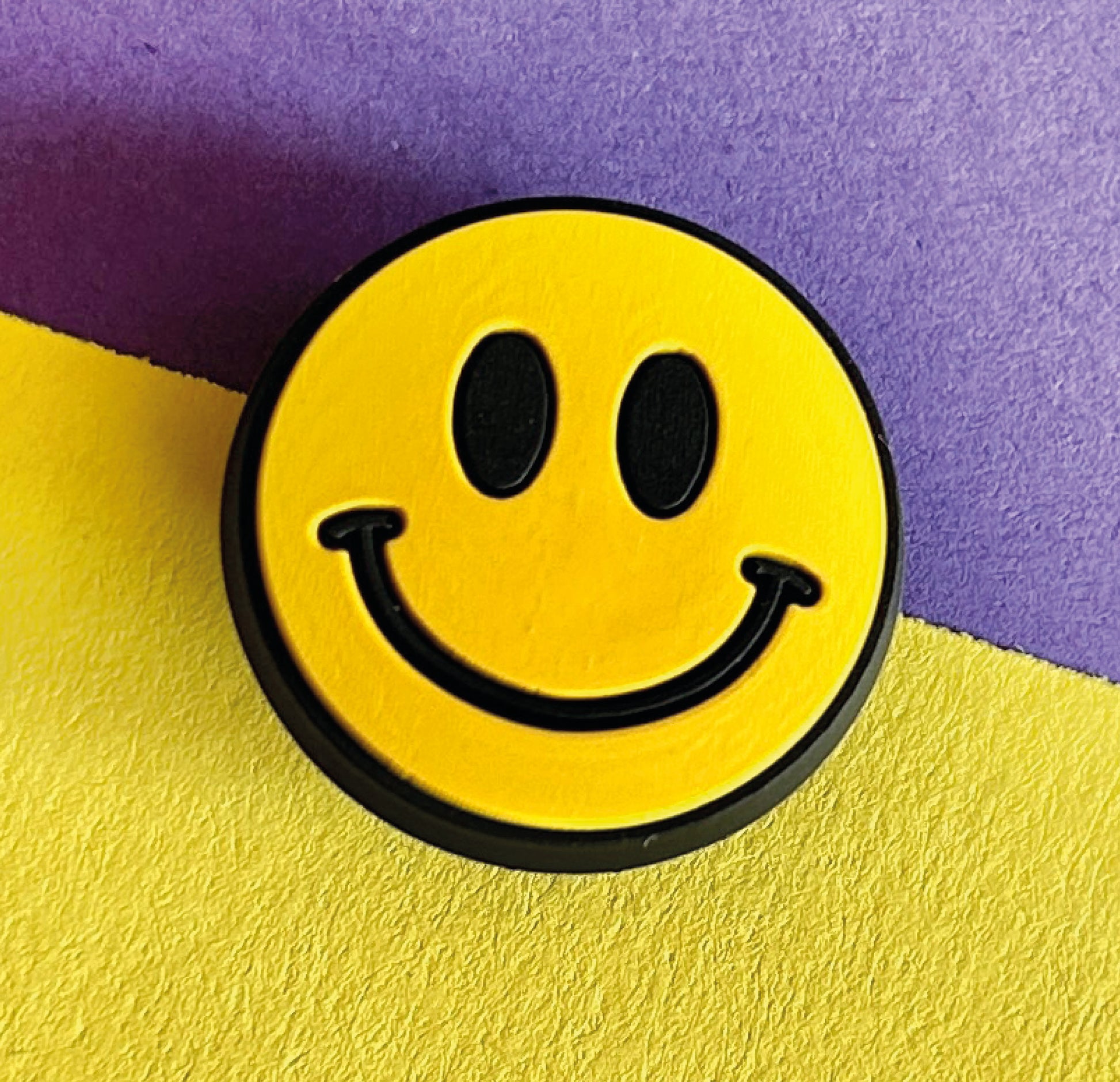 Yellow retro acid house smiley face croc like shoe charm. Shoe decoration. 