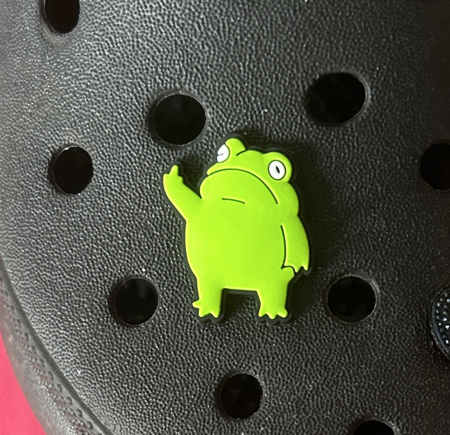 Swearing Frog Middle Finger shoe charm. 