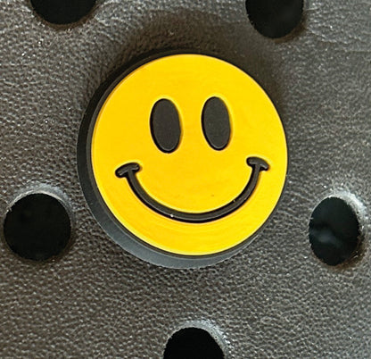 Yellow retro acid house smiley face croc like shoe charm. Shoe decoration. 