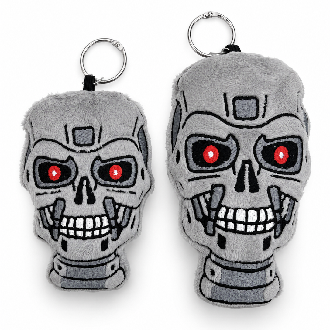 Two grey T800 robot plush keyrings.