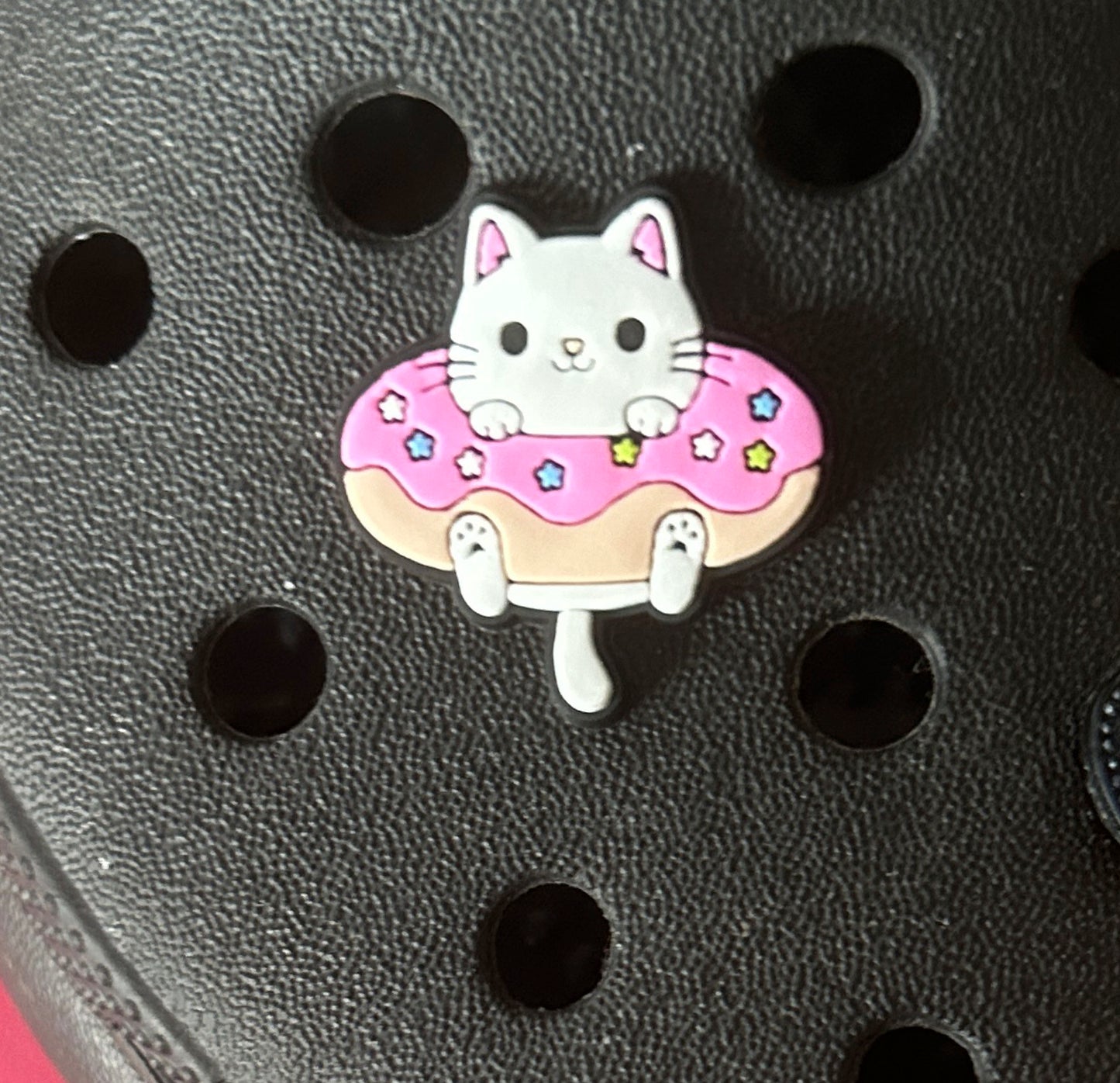 White cat sitting in a donut croc charm. 