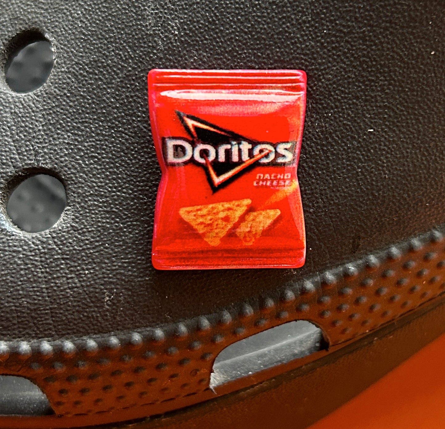 Packet of tortilla crisps, nacho cheese shoe charm. 