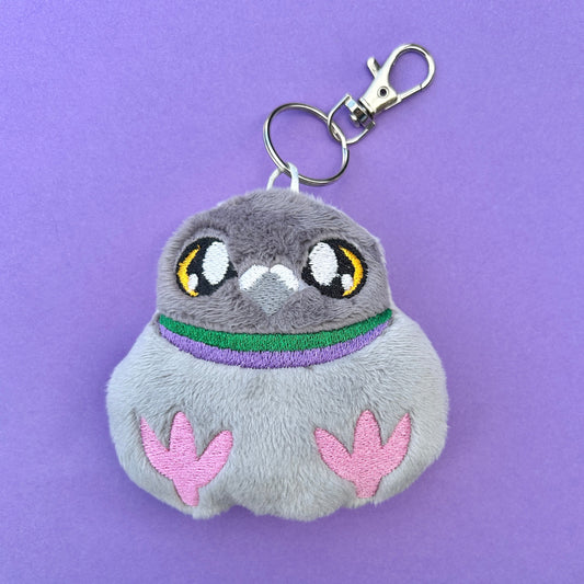 Handmade chubby pigeon plush keyring with soft minky fabric