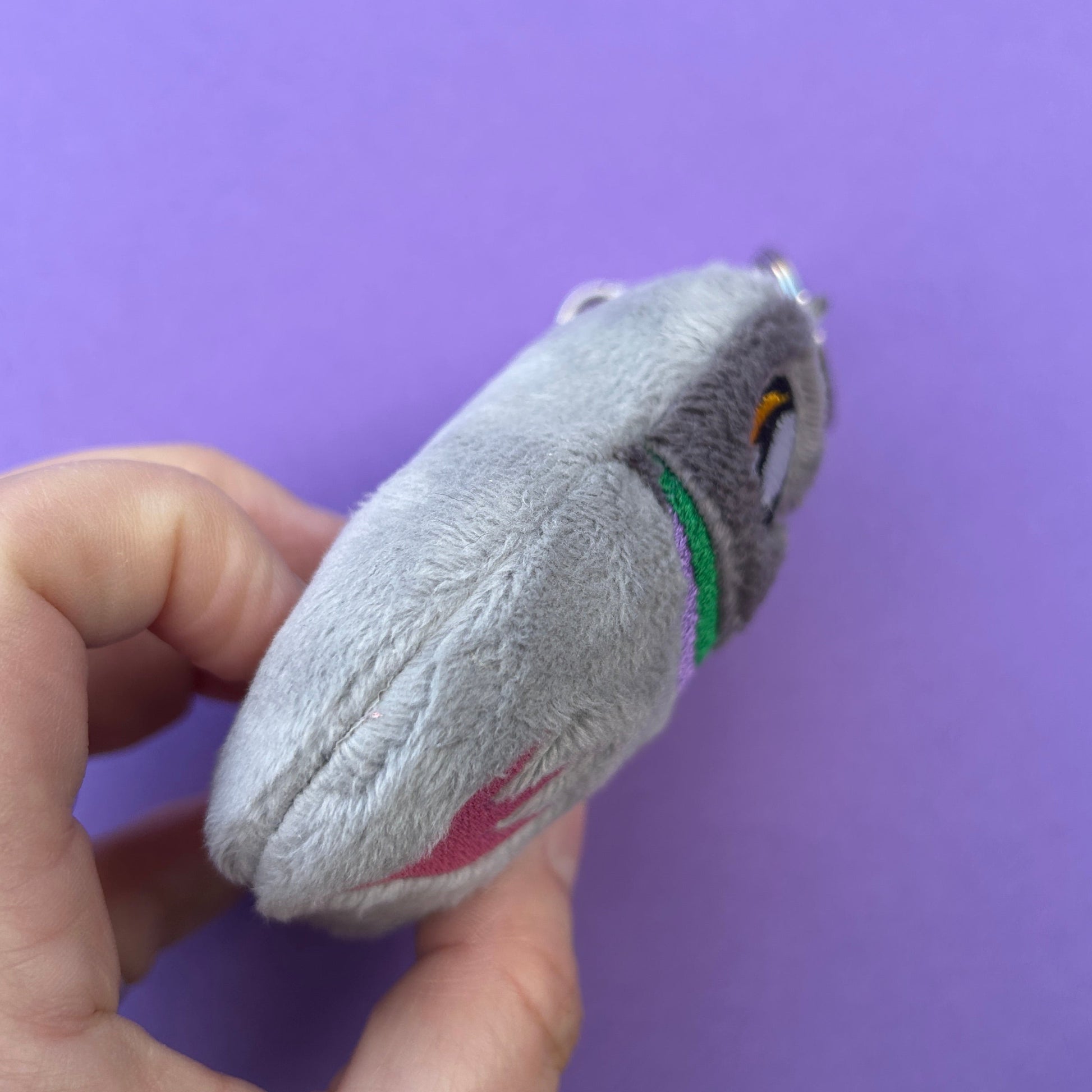 Handmade chubby pigeon keyring gift for bird lovers.