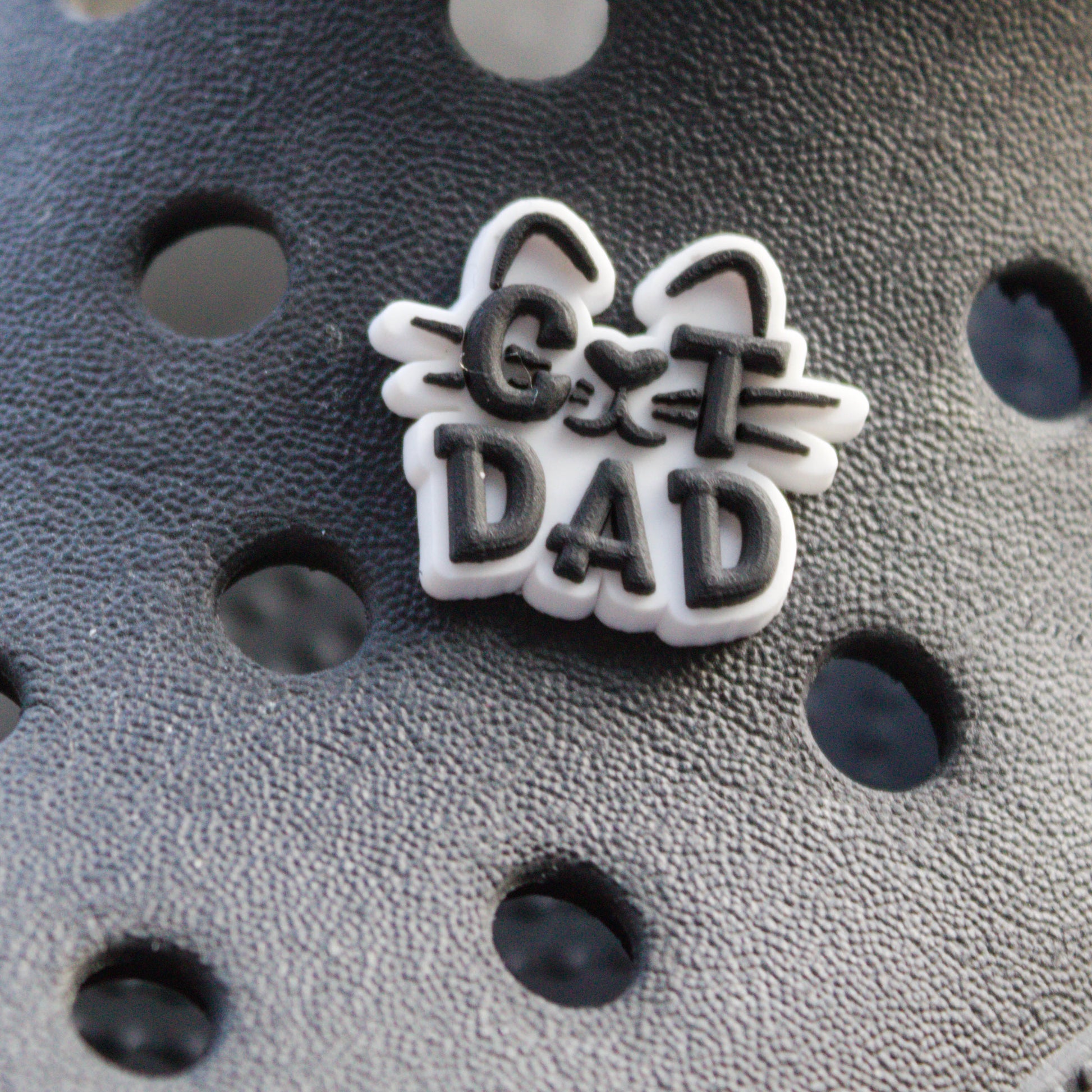 Cat Dad croc like shoe charm. Black and White. Modelled on a Black croc shoe. 