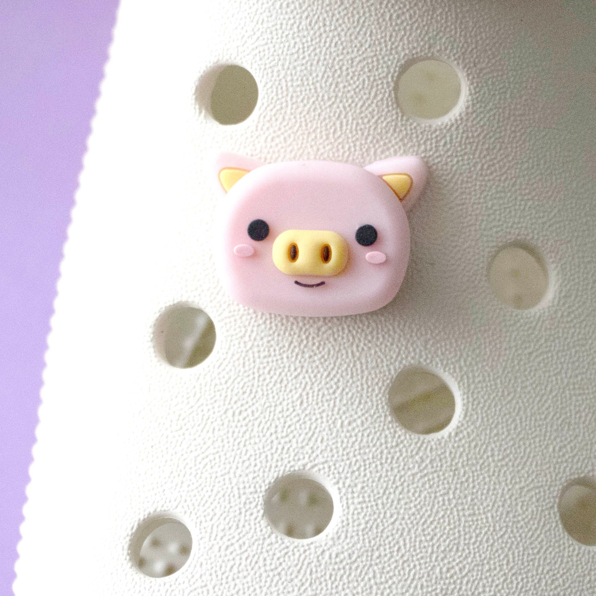 Pink 3D Cute Pig Face. Premium croc like shoe charm. Modelled on a cream croc shoe. 