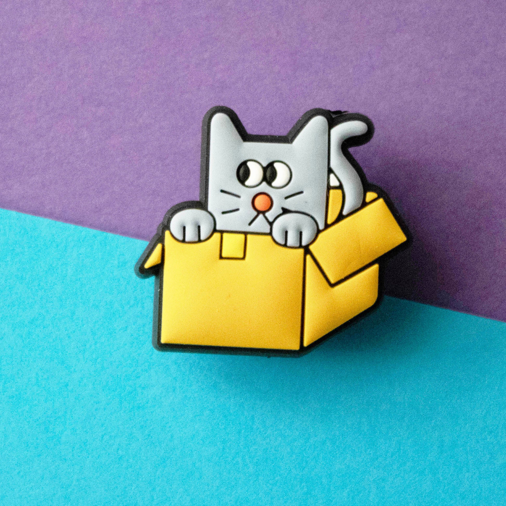 Grey cat in a yellow box croc like shoe charm. Cat looks shifty. 