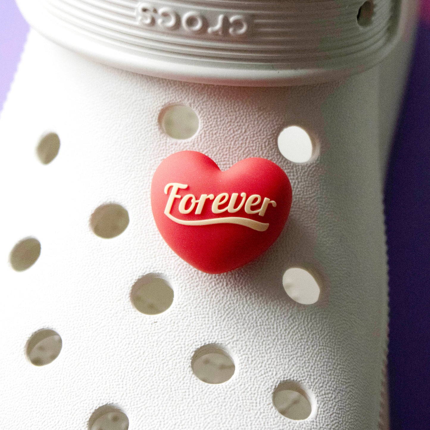 Forever heart premium croc like shoe charm. Red heart, lemon writing. Modelled on a cream croc shoe. 