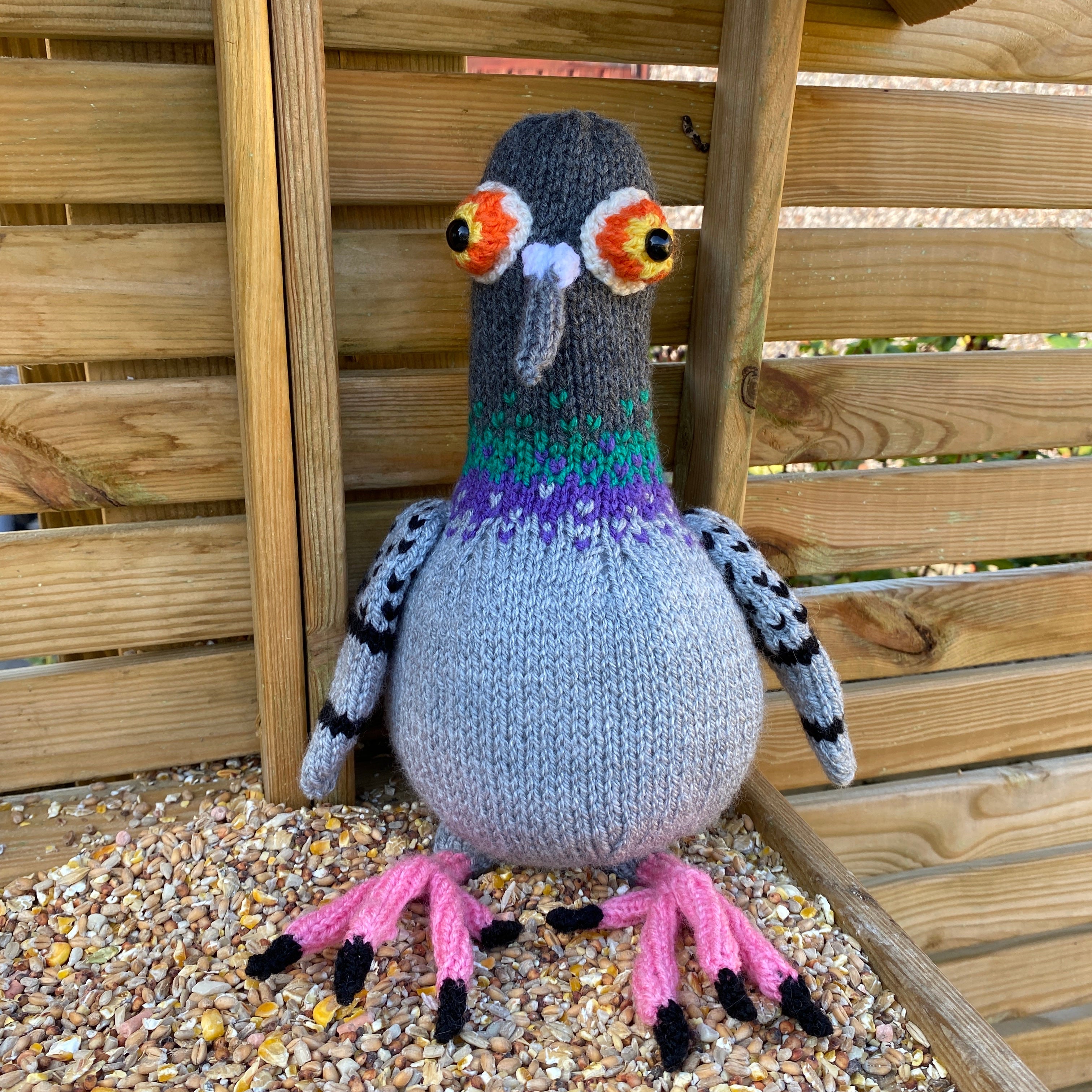 Knitted pigeon plush toy made from DK yarn