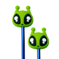 Two green alien needle point protectors on the end of blue knitting needles on a white background
