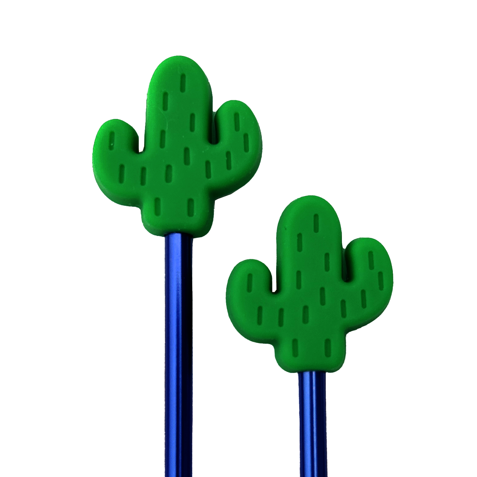 Two blue Knitting needles with green cactus-shaped needle point protectors on a white background