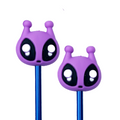 Two purple alien needle point protectors on the end of blue knitting needles on a white background
