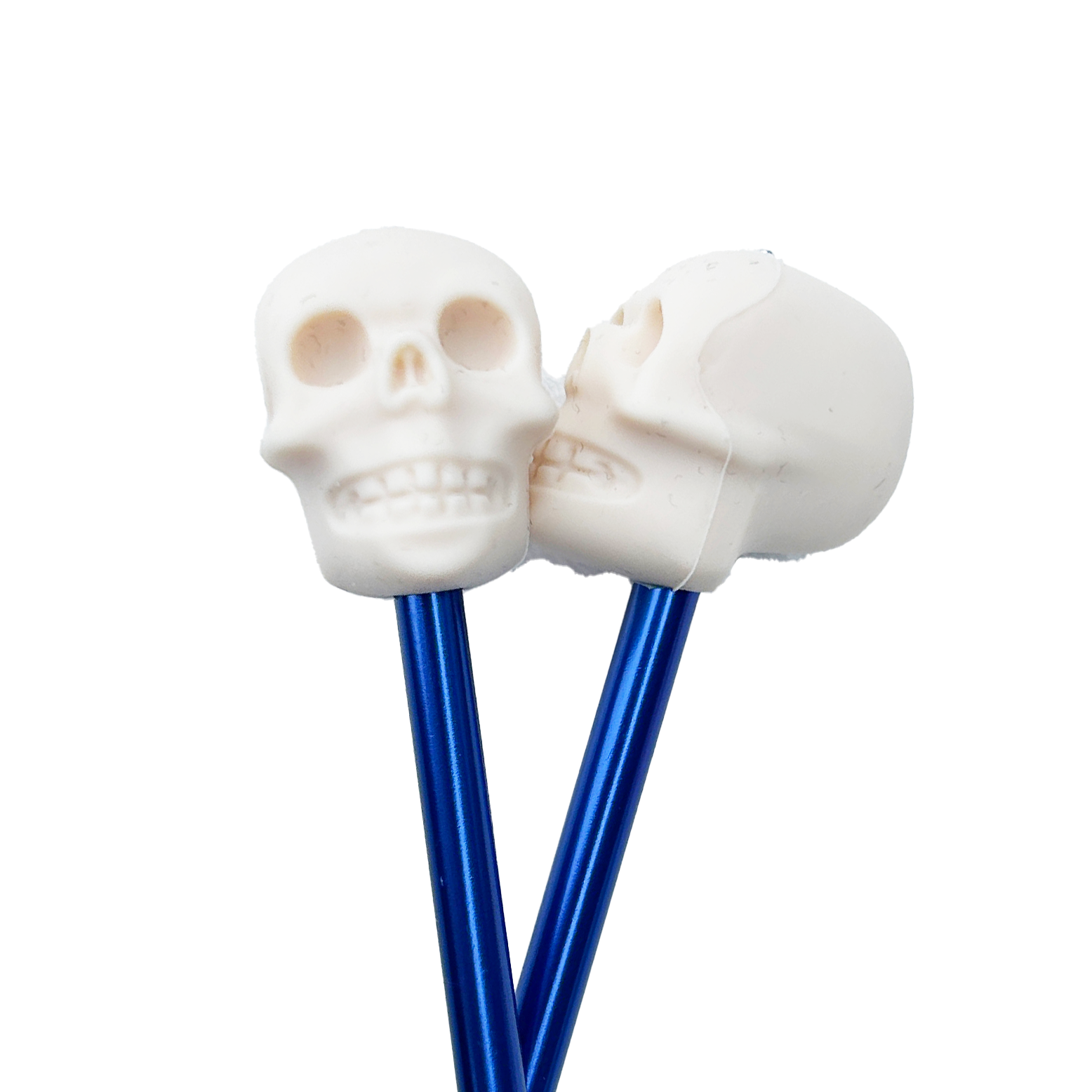 Pair of skull-shaped needle point protectors with blue knitting needles on a white background