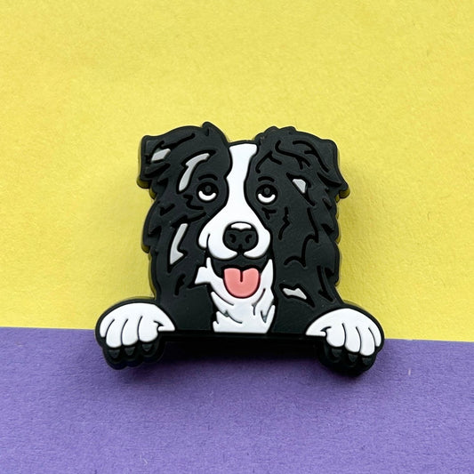 Black and white collie dog croc charm.