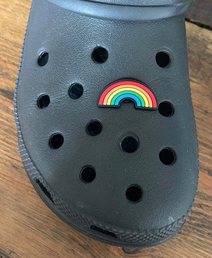 Rainbow Shoe Charm on a croc shoe. 