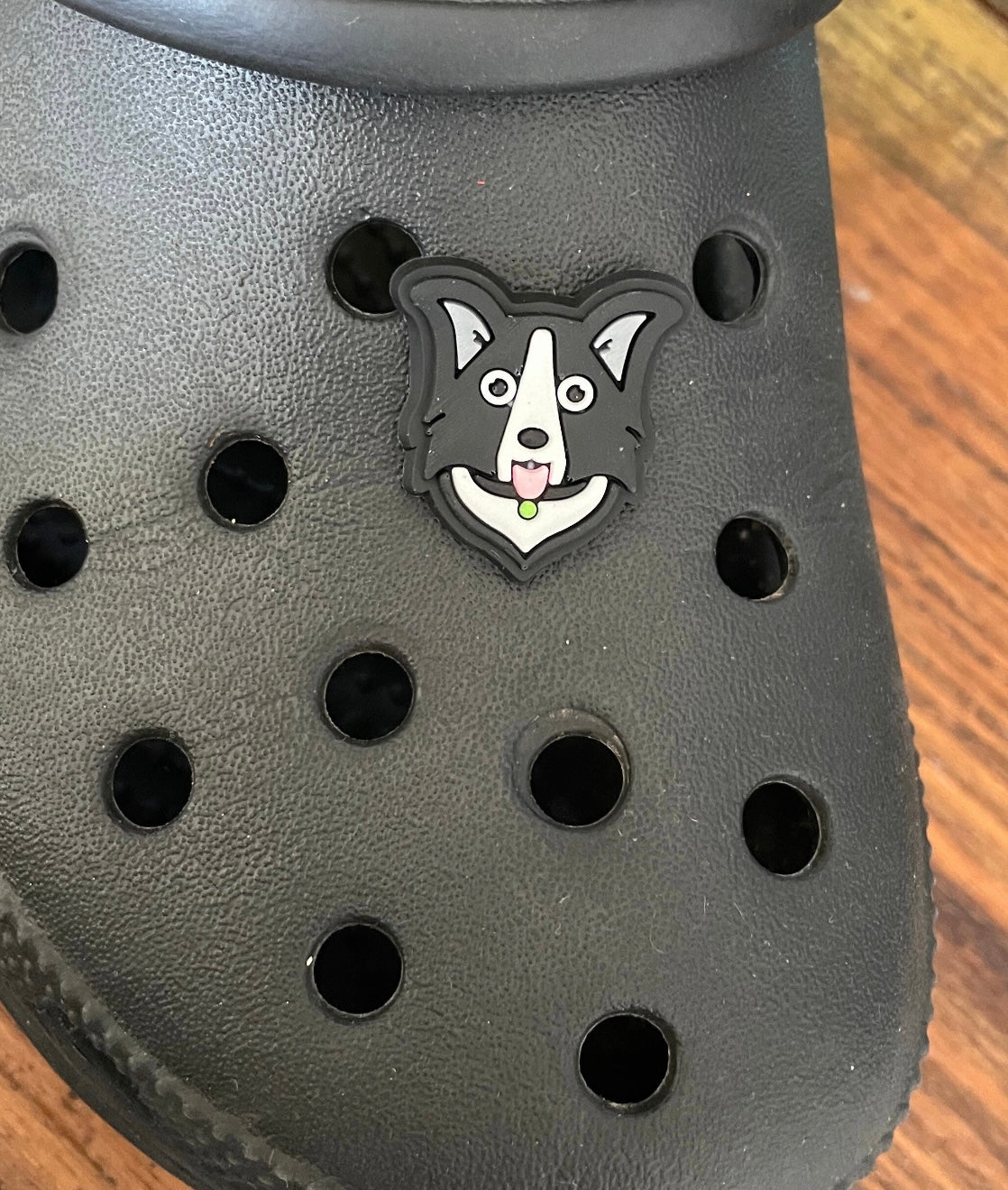 Border Collie Dog shoe charm on a croc shoe. 