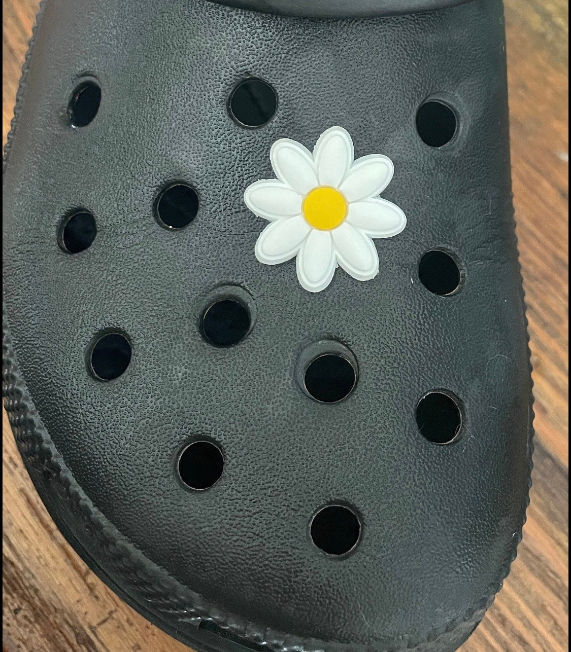 Daisy flower shoe charm on a croc shoe. 