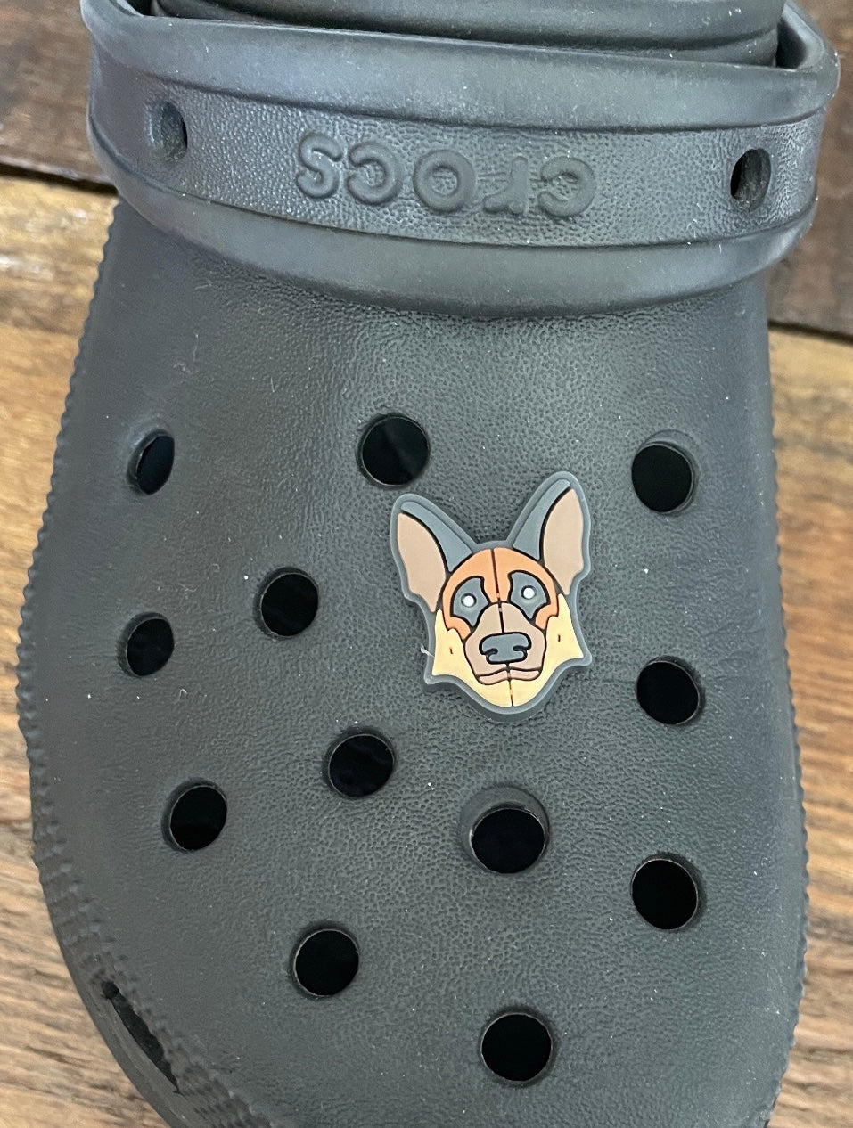 German Shepherd Dog Shoe Charm on a croc shoe.