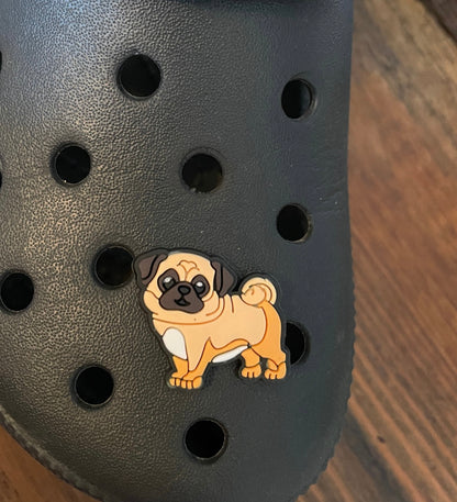 Pug Dog Shoe Charm on a croc shoe.