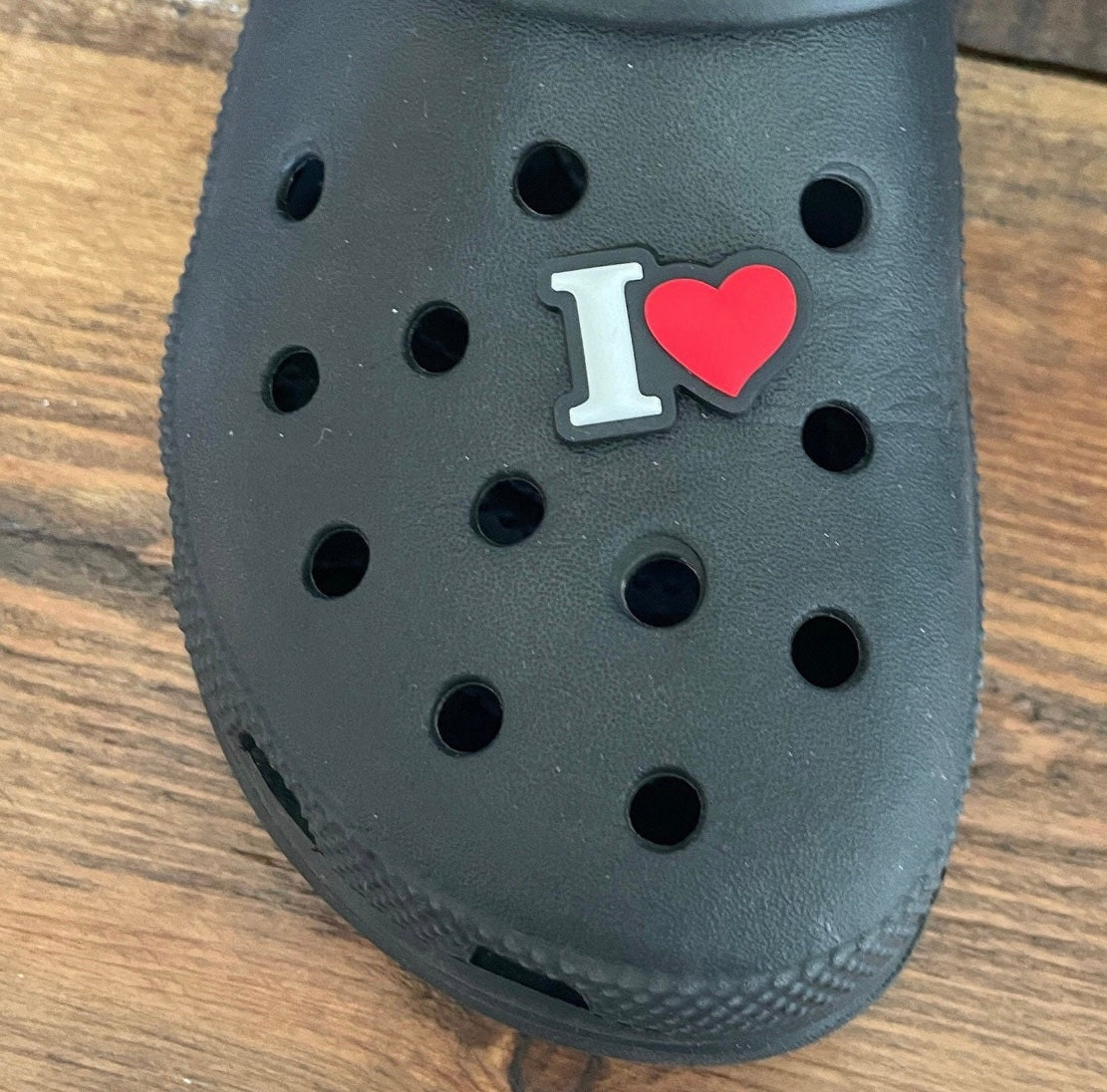 I Love Shoe Charm on a croc shoe. 